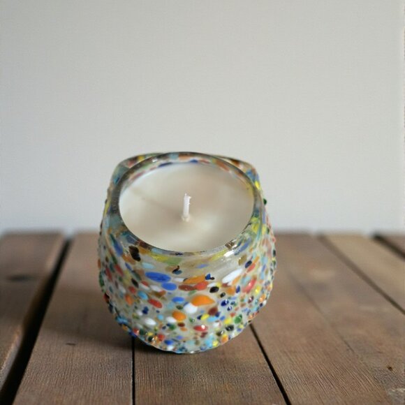 Mexican Glass Jar Pebbled Multi-colored Soy Wax Candle -Light Sandalwood Scent - Picture 2 of 5